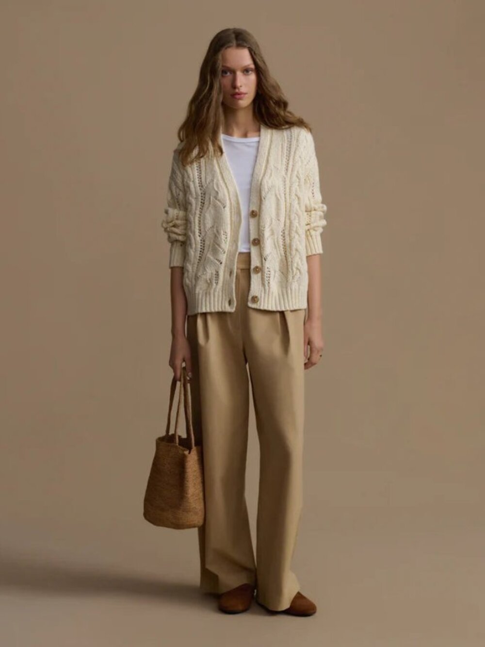 Jenni Kayne Audrey Cardigan XS Cream Cotton Cable Knit V Neck Sweater Ivory